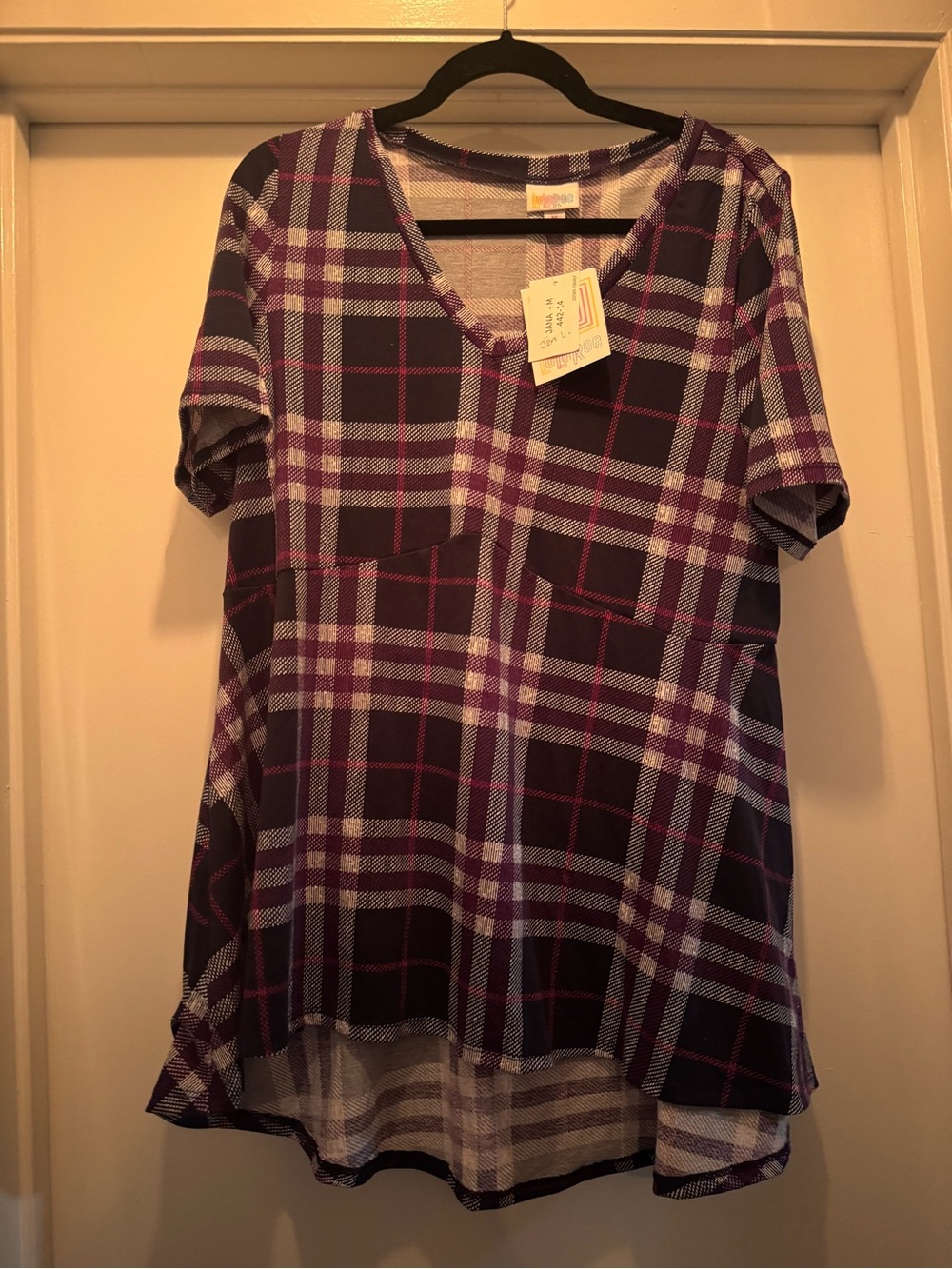 LuLaRoe Jana Purple Plaid V-Neck Tunic Top